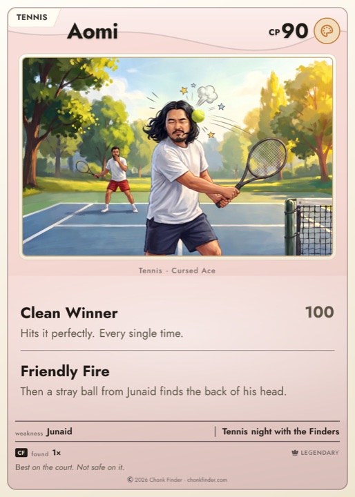 Aomi’s card. The best of us. Keeps getting hit by my stray balls.