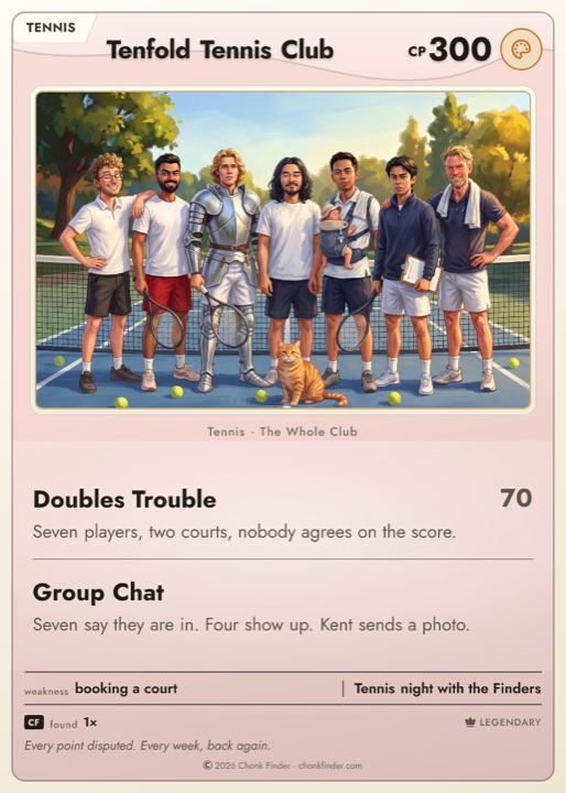 The Tenfold Tennis Club card: seven friends and a club cat
