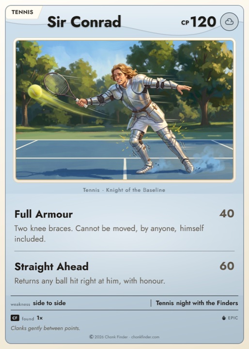 Sir Conrad’s card. Two knee braces. Moves like a knight in armour.