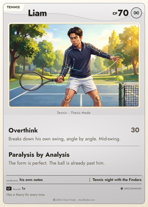 Liam’s card. Masters student. Overthinks every swing.